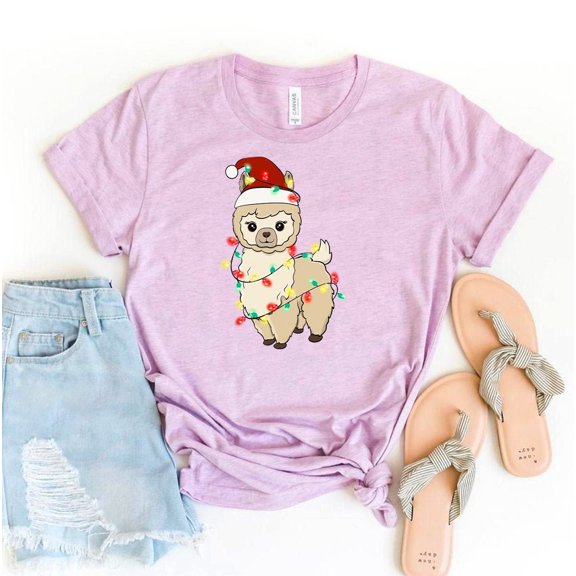 Llama Christmas Lights T-shirt Shirt Lover Gift Funny Tee Holiday Top Family Xmas Animal Kids Santa