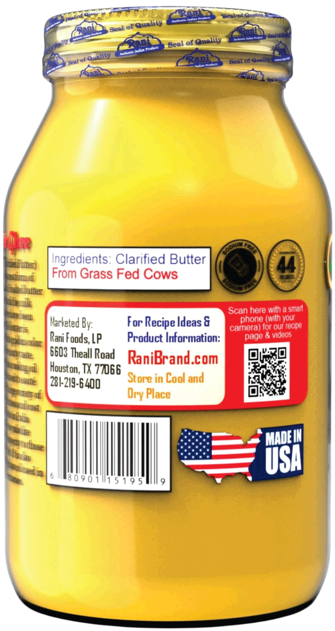 Rani Ghee Pure & Natural from Grass Fed Cows (Clarified Butter) 2lbs (32oz) ~ Glass Jar | Paleo Friendly | Keto Friendly | Gluten Free | Kosher | Product of USA