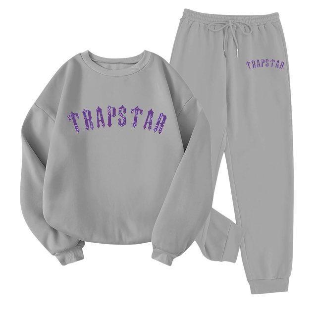 Trapstar Chandails Molletonnés à Col Rond pour Femmes Ensembles Manches Longues Graphiques Chandails Molletonnés pour Femmes Amples Trapstar Style de Rue Hip-hop Chandails Molletonnés à Enfiler+pantalon de Survêtement Ensemble pour Femmes de 2 Vêtements Classiques pour Femmes (Gris, P)