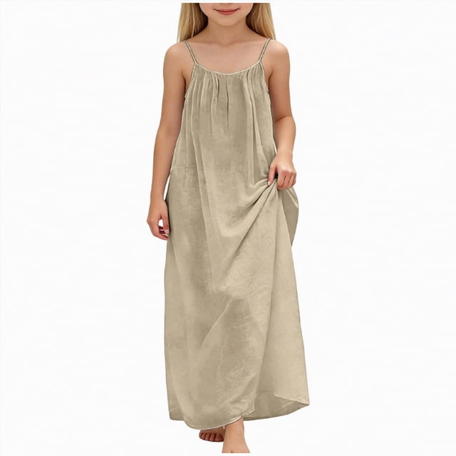 NIEWTR Robe Décontractée Tissée pour Tout-Petits et Bébés Filles, Larges Bretelles, Robe d'Été Fluide pour l'Été (Beige, 12-13 Ans)