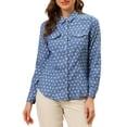 thumbnail image 1 of Camisa de mezclilla de mujer con cuello puntiagudo, manga larga, botones y bolsillos en el pecho, talla S, azul claro, 1 of 7