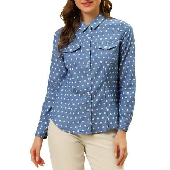 Allegra K Women's Point Collar Long Sleeve Button Down Chest Pockets Denim Shirt