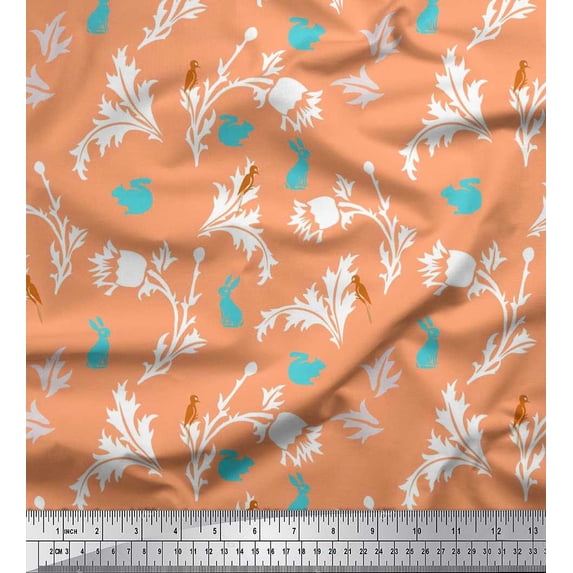 Soimoi polyester Crepe Fabric Leaves,Floral & Rabbit Animal Printed Craft Fabric by the Yard 42 Inch Wide