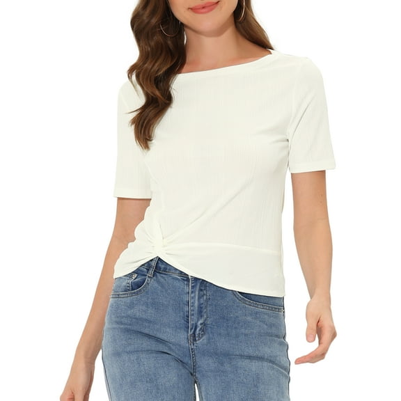 INSPIRE CHIC Women's Casual Round Neck Summer Crop Short Sleeve Twist Knot T-Shirt XS Cream White