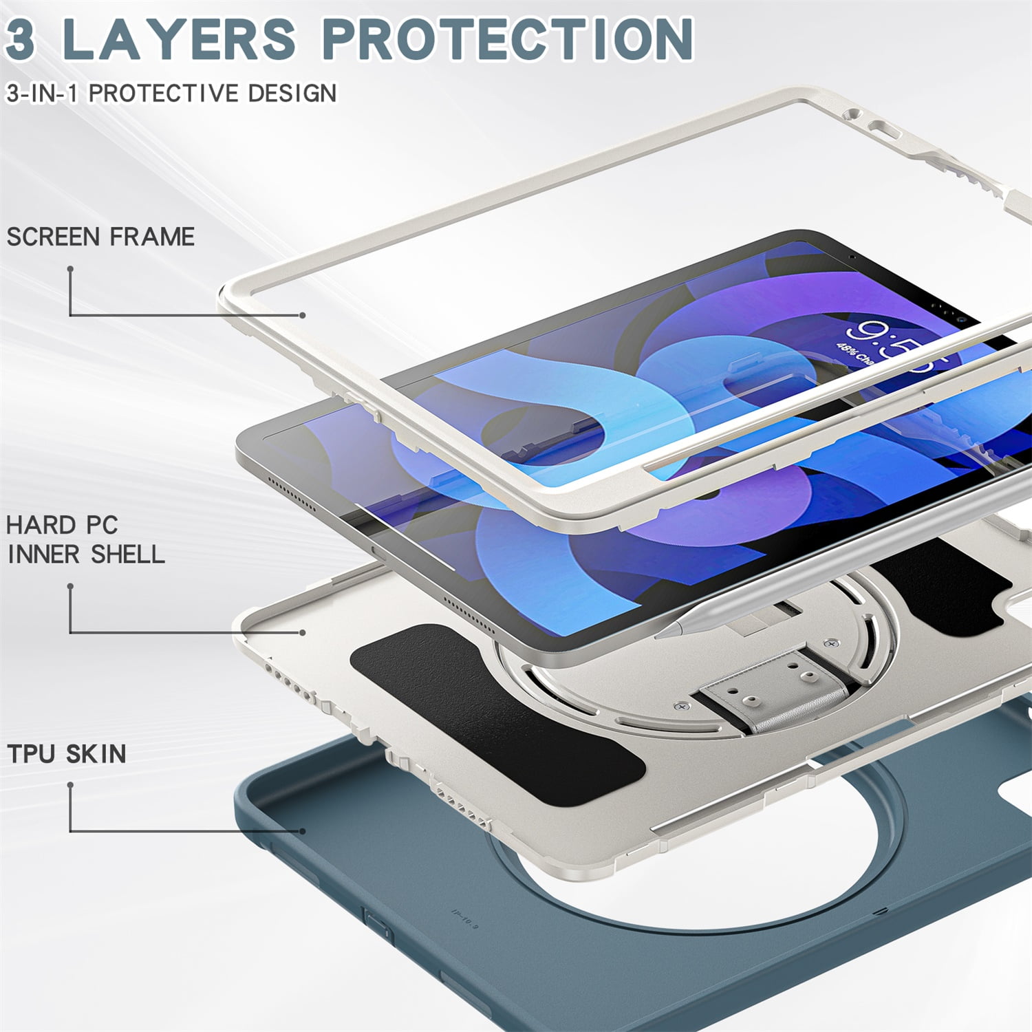 SaniMore for Apple iPad Air 11 2024 Case, 3 Layers Multi-Functional Case with Pencil Holder & Hand Strap Multi-Angle Kickstand Shockproof Protective Case for Women Men, Cornflowerblue