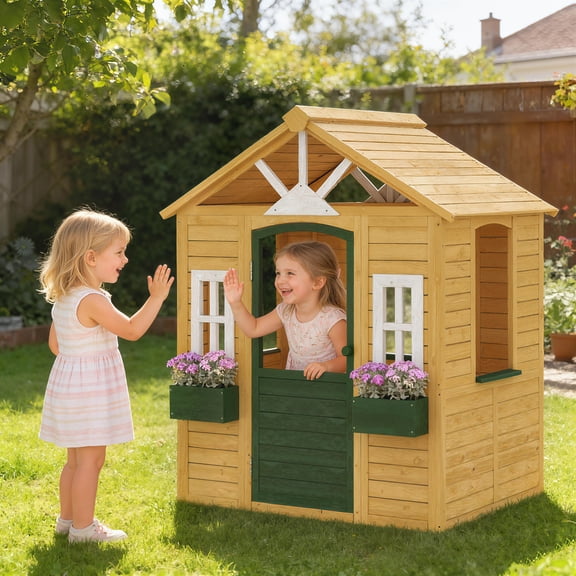 Qaba Outdoor Playhouse, Wooden Kids Playhouse with Door, 3 Windows 2 Flower Boxes, Kids Cottage for Garden, Indoor Playroom Imaginative Play, Brown