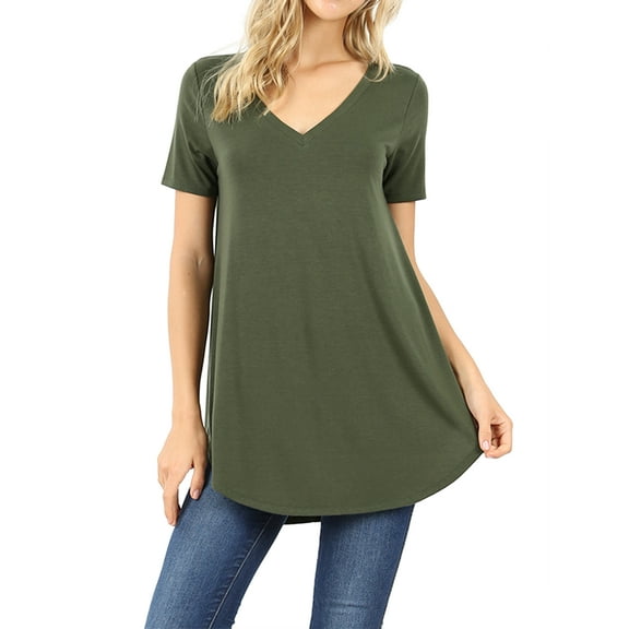 Women & Plus Short Sleeve V Neck Round Hem Relaxed Fit Casual Tee Shirt Top