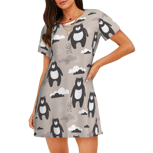 Fotbe Cartoon Bear Brown Bata de Dormir para Mujer con Estampado, Camisón de Algodón de Manga Corta, Ropa de Dormir Casual
