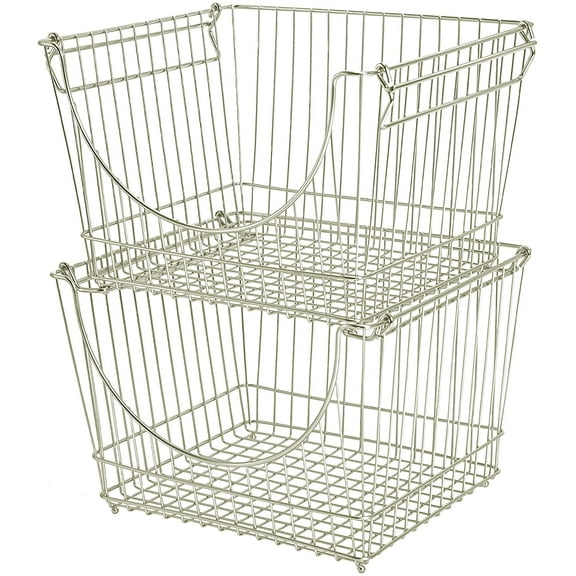 Smart Design Stacking Baskets Organizer - Large (12.63 x 8.5 Inch) - w/ Handle - Steel Metal - Food, Fruit, & Vegetable Safe - Kitchen [Satin Nickel] - Set of 2