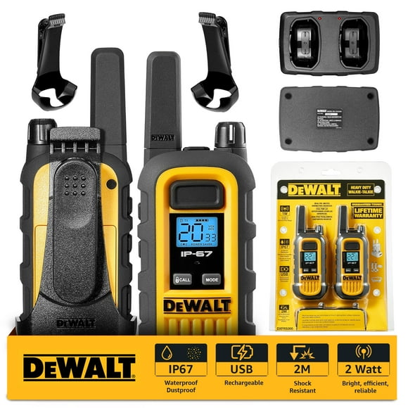 DeWalt DXFRS300 Heavy-Duty Walkie Talkies with Charging Dock (2 Radios) - Rechargeable Long Range Two-Way Radios, Waterproof