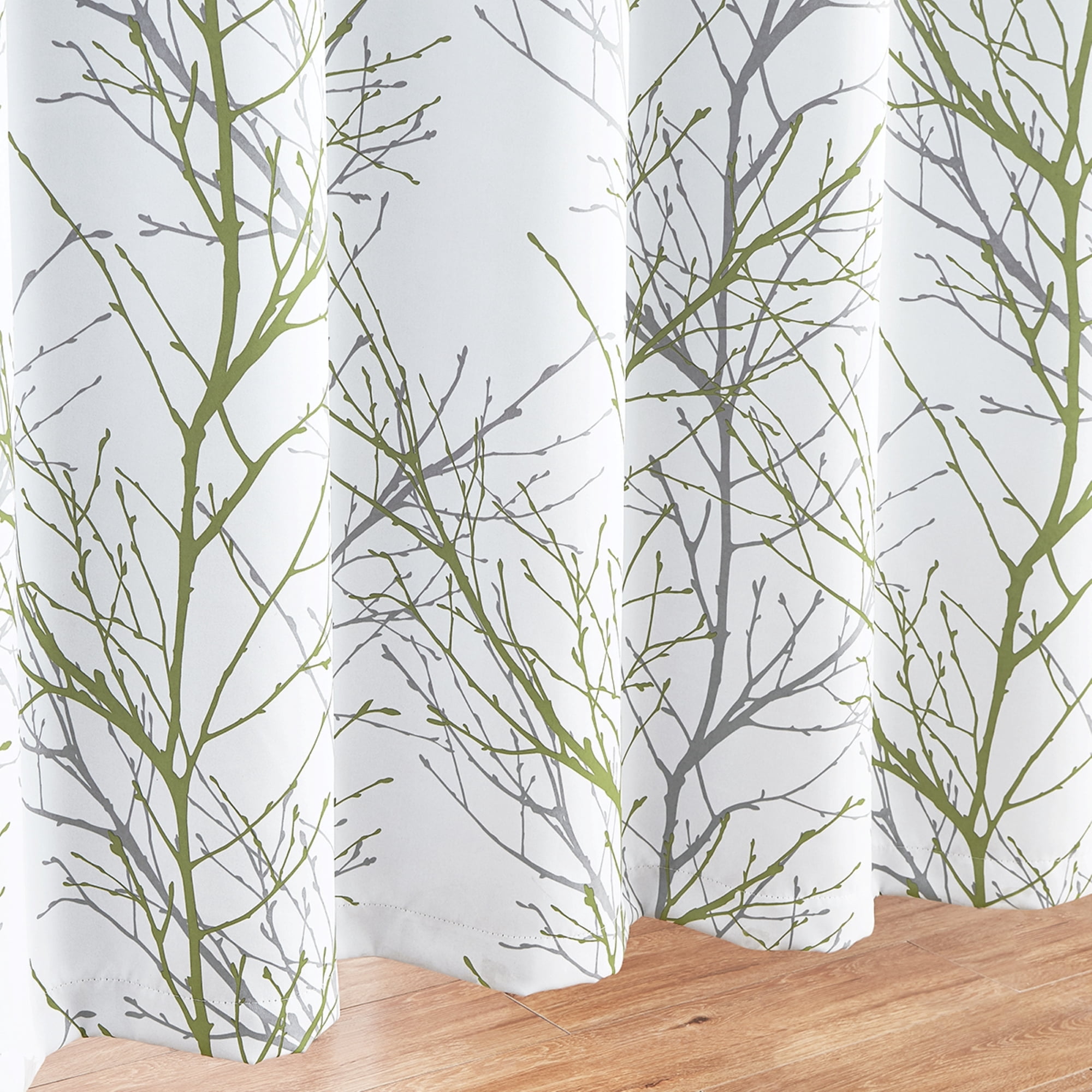 Decoultimatex Green Gray Branch Blackout Curtains for Bedroom Triple Weave Energy Saving Full Blackout Window Curtains for All Seasons, 52"x96"x2