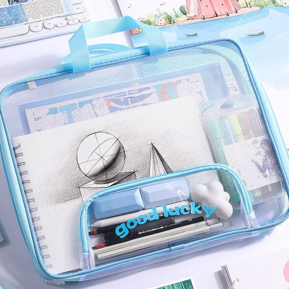 Hyknon Horizontal Mesh Handbag, Large Capacity Lightweigh Colorful Stationery Bag with Zipper, Waterproof Portable Storage Bag with Handheld, Separate Storage Bag for Test Papers Stationer, Green