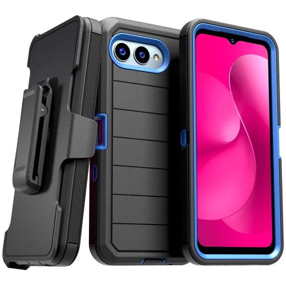 Designed for T-Mobile Revvl 8 Case with Belt Clip Holster & Kickstand, Screenless Dual-Layer Shockproof Phone Case - Black & Blue