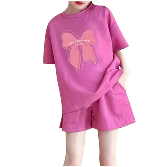 Vunhao Fashion Boy And Girls' 2 - 3 Years Toddler Casual Short Sleeve Crew Neck Button Solid Color Shorts Sets with Bow Print,Hot Pink,Size 3 T