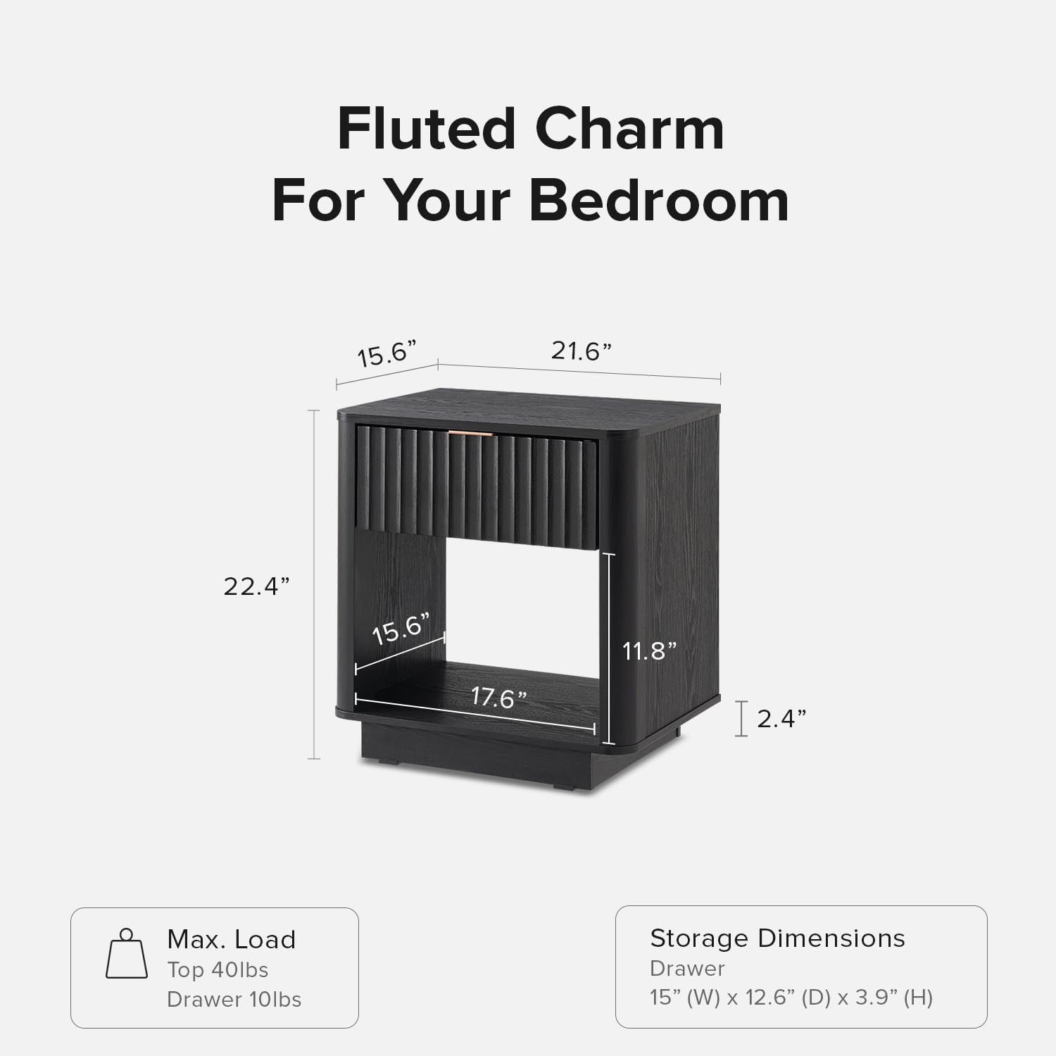 Mopio Brooklyn Black Oak Nightstand, Modern Farmhouse Side Table with Drawer and Storage, Fluted Panel, Curved Profile, Rose Gold Handle