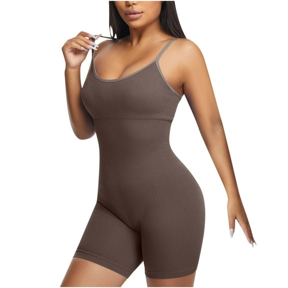 Riecok Womens Yoga Bodysuit Seamless Stretchy Sleeveless Jumpsuits Solid Spaghetti Strap Workout Shapewear