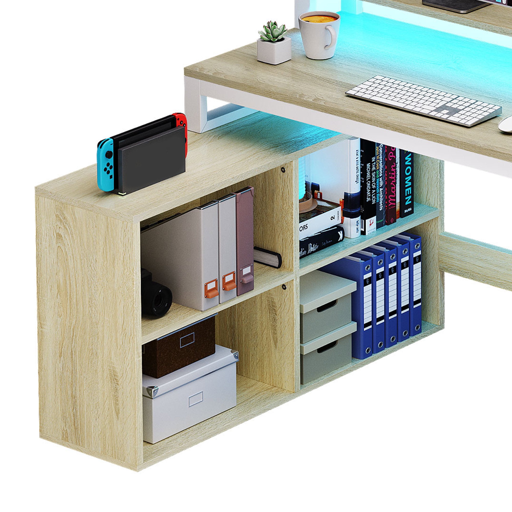 Dextrus L Shaped Desk with LED Light & Power Outlets, Corner Computer Desk with Drawers & Open Storage Shelves, Oak