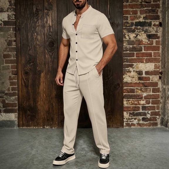 Ceisia Men's Short Sleeve Button Down Shirt and Pants Set Waffle Knit Casual Two Piece Outfit Khaki XXXL Big & Tall Gifts for Father