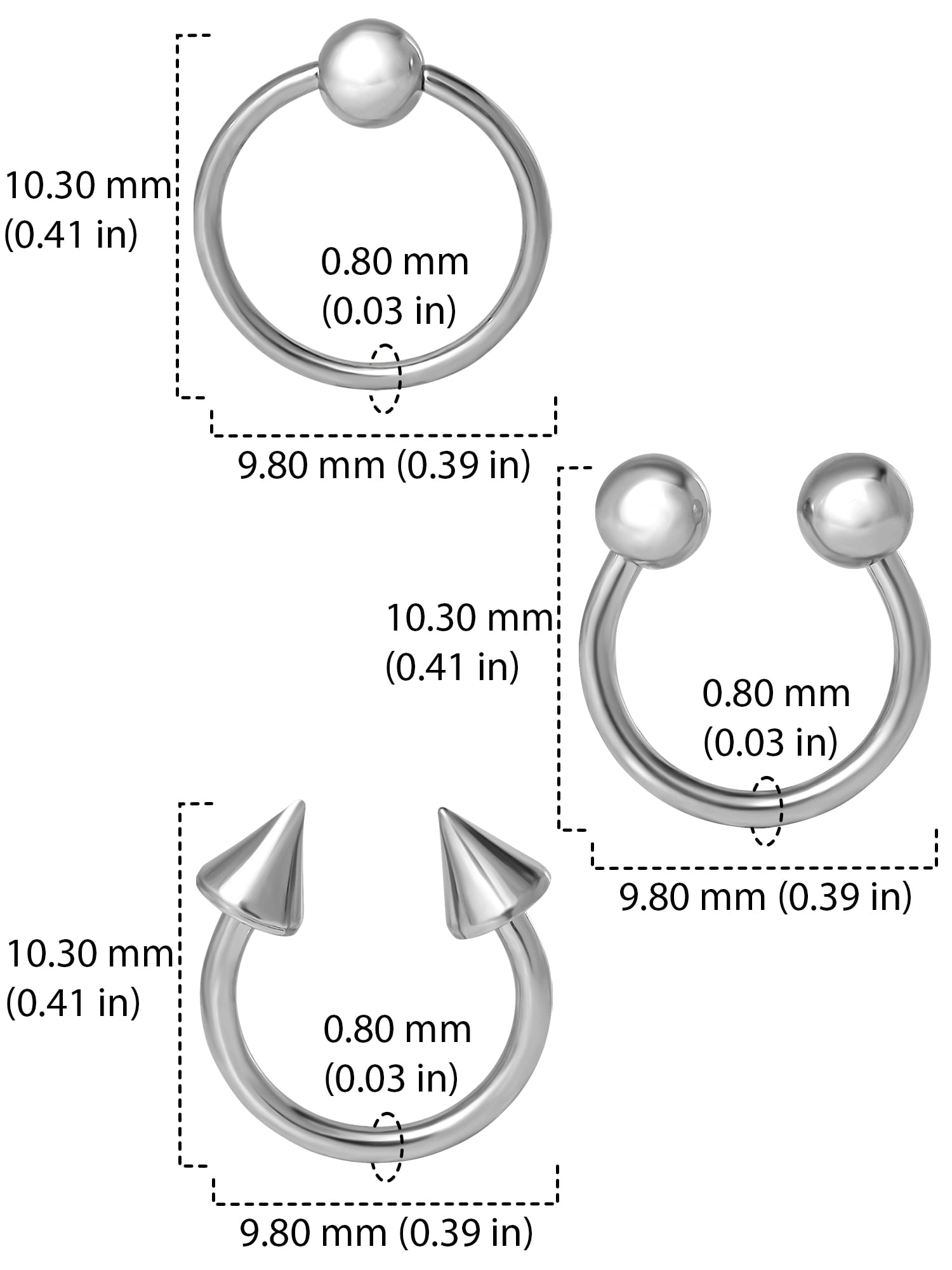 Hot Silver Adult Women's Surgical Steel Horseshoe Earrings Trio