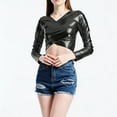thumbnail image 5 of Hauts Métalliques pour Femmes 2026 Tendance Manches Longues Col en V T-Shirt Court Ajusté Y2K Sortie Tenues Rave, 5 of 5