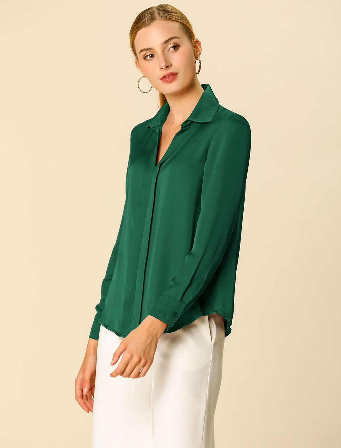 DARING DIVA Women's V Neck Classic Work Office Long Sleeve Shirt XXL Green