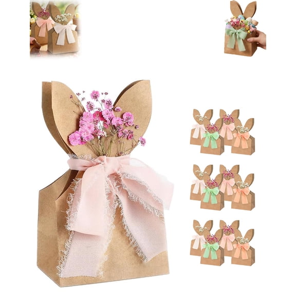 New Boho Bunny Easter Goodie Bags Set, Boho Bow Easter Goodie Bags – DIY Bunny Treat Bag Set with Ribbon, For School, Church, Office Parties, Party Birthday Decor (12PCS)