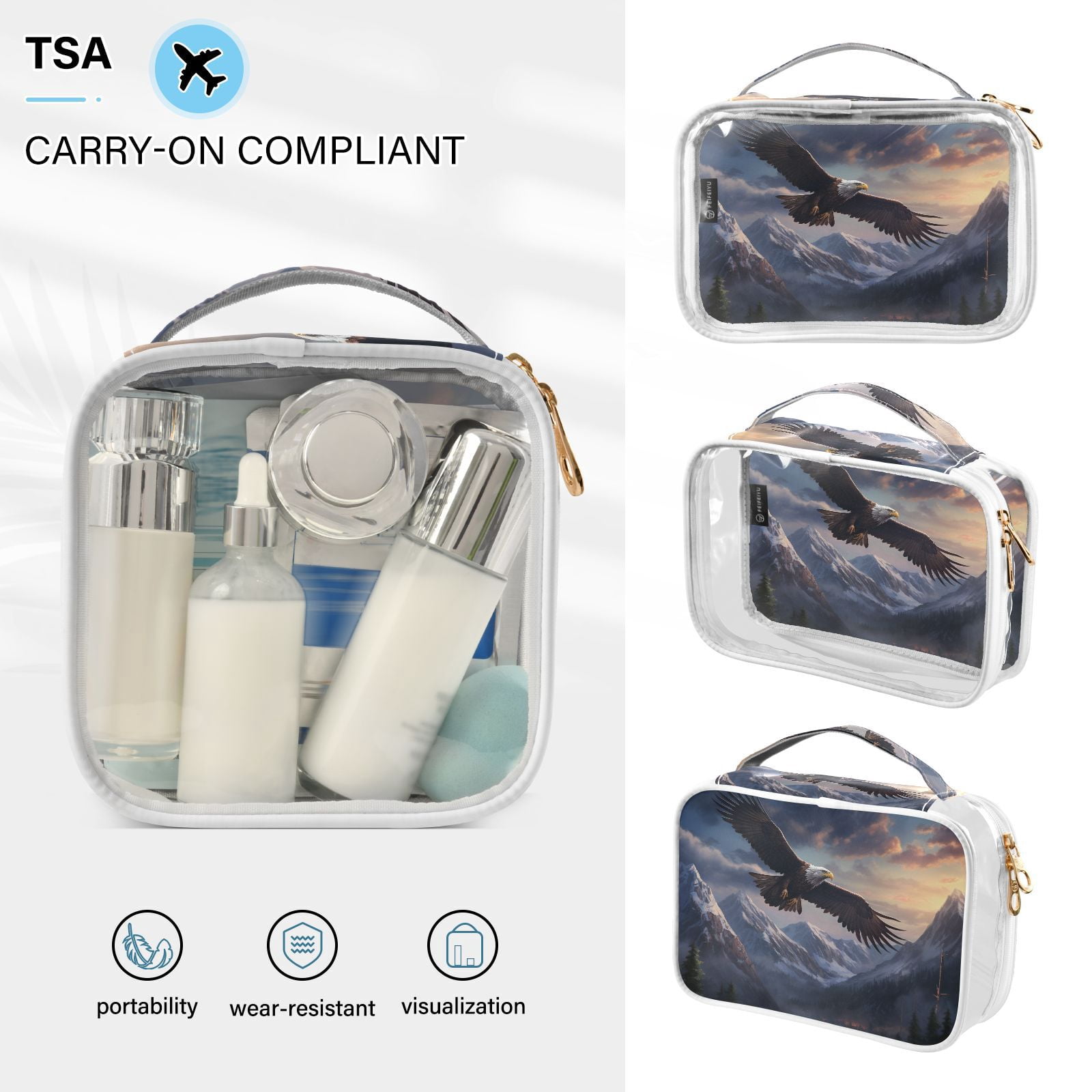 Clear Makeup Bags with Handle Large Opening 2 Pack Set Toiletry Bag Quart Size Bag, for Women Man Traveling Travel Essentials, Toiletries and Other. Eagle Hawk