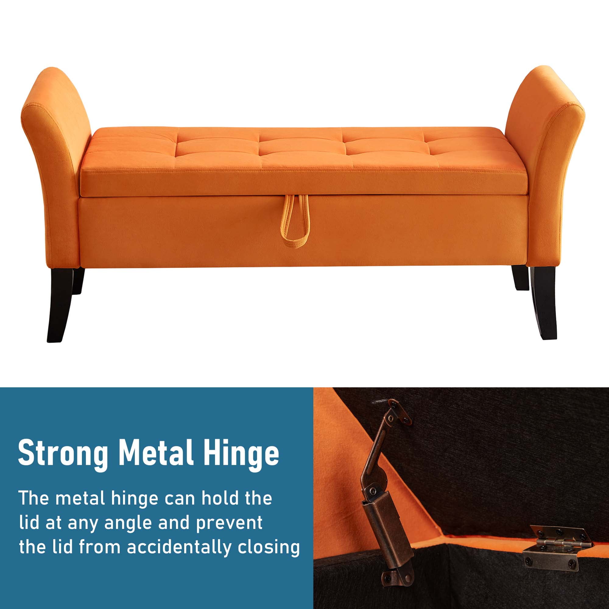 Aukfa End of Bed Bench with Curved Arms, 51.5" Velvet Tufted Upholstered Storage Ottoman Entryway Bench - Orange