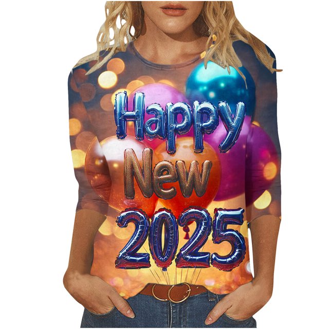 VEKDONE 2025 Bonne Année Tuniques à Manches 3/4 pour Femmes Mode Imprimé Grande Taille Blouse de Fête Décontractée Col Rond Extérieur Multicolore S