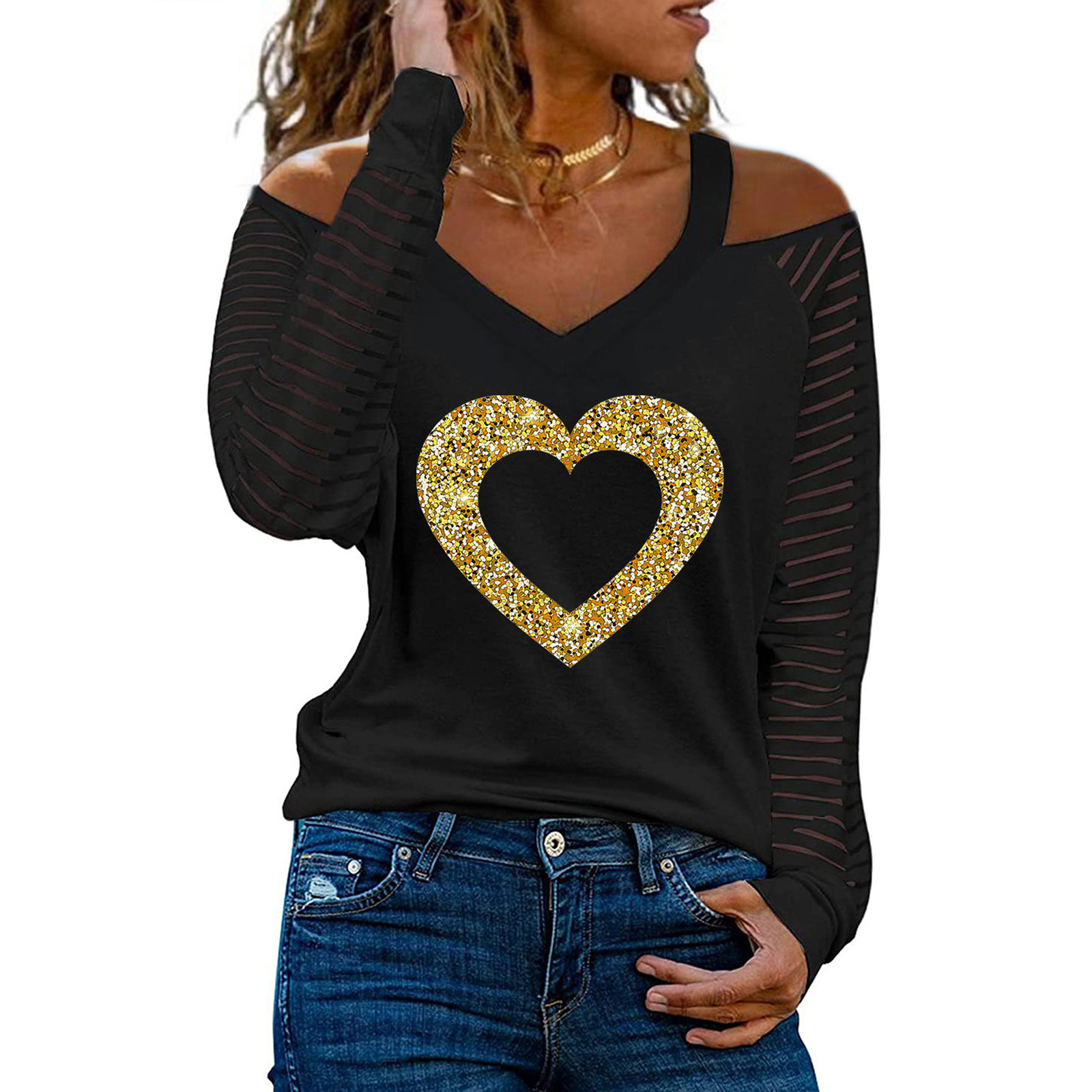 Women Sparkly Heart Shirts Fashion Sweetheart Collar Cold Shoulder Stripe Long Sleeves T-Shirt Pullover Tunic Tops - image 2 of 4