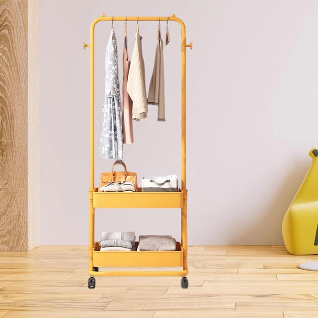 Clothes Rack with Wheels Garment Rack Laundry Cart with Hanging Rack for Bedroom Yellow