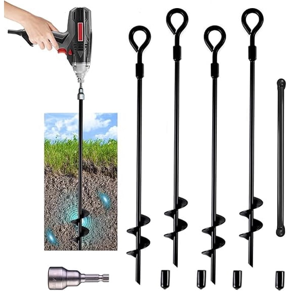 SNYNUXX 18 Inch Ground Anchors Screw in Folding Ring Spiral Metal Ground Stakes Dog Tie Out Stake Spiraling Anchor Trampoline Anchors for Tent (black-4pk)