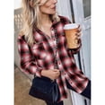 thumbnail image 3 of Camisa a cuadros para mujer, manga larga, cuello de solapa, camisa informal holgada con bolsillos en el pecho para uso diario, oficina, escuela, rojo, XXL, 3 of 6