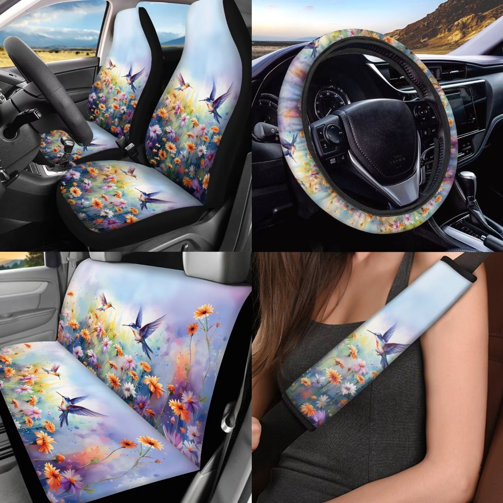 KUIFORTI Car Seat Full Set Covers Hummingbird Car Accessories for Women Front Rear Seat Covers Wrist Strap Cup Mat Seat Belt Cover Accessories for SUV Car