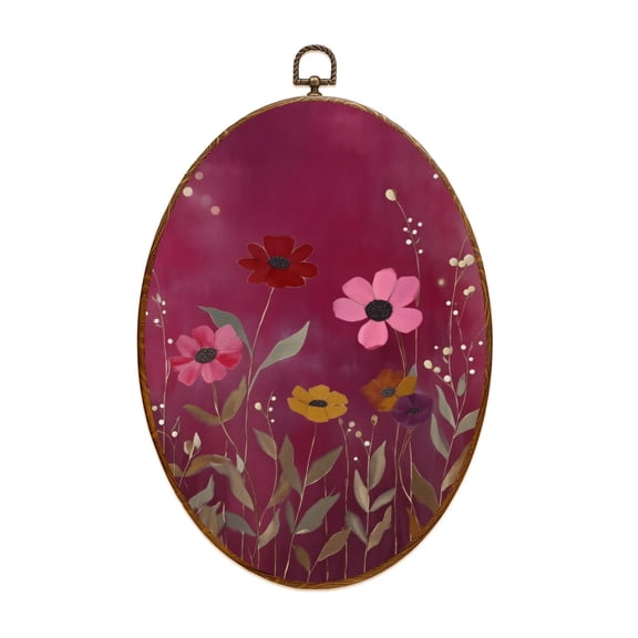 Oval Framed Wall Art Red Floral Burgundy Leaf Vintage Boho Flower Colorful Flowers Delicate Canvas Wall Art Oval Vintage Wall Decor Prints Hanging Decor for Home Bedroom Living Room Office 8"x11.4"