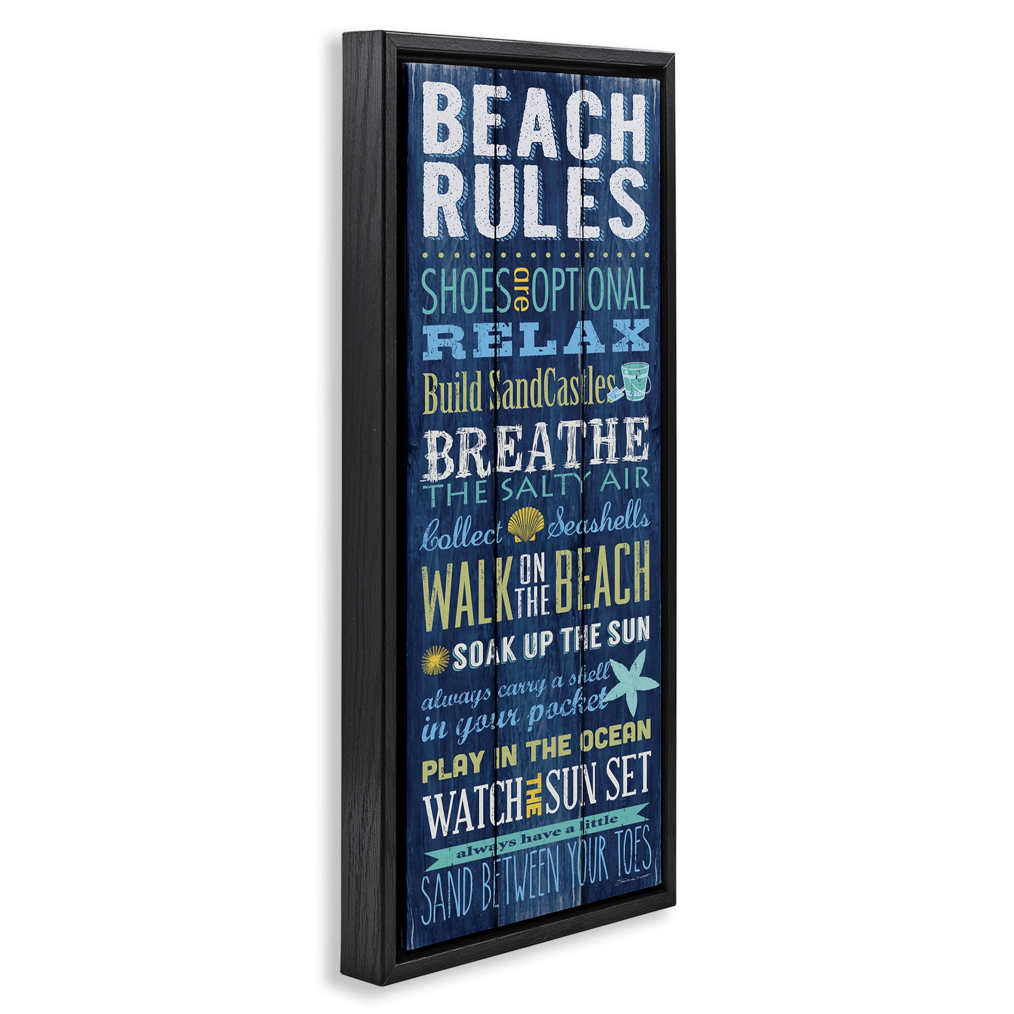 Stupell Industries Beach Rules Relax Breathe Typography Painting Black Floater Framed Canvas Art Print Wall Art, 11 x 25