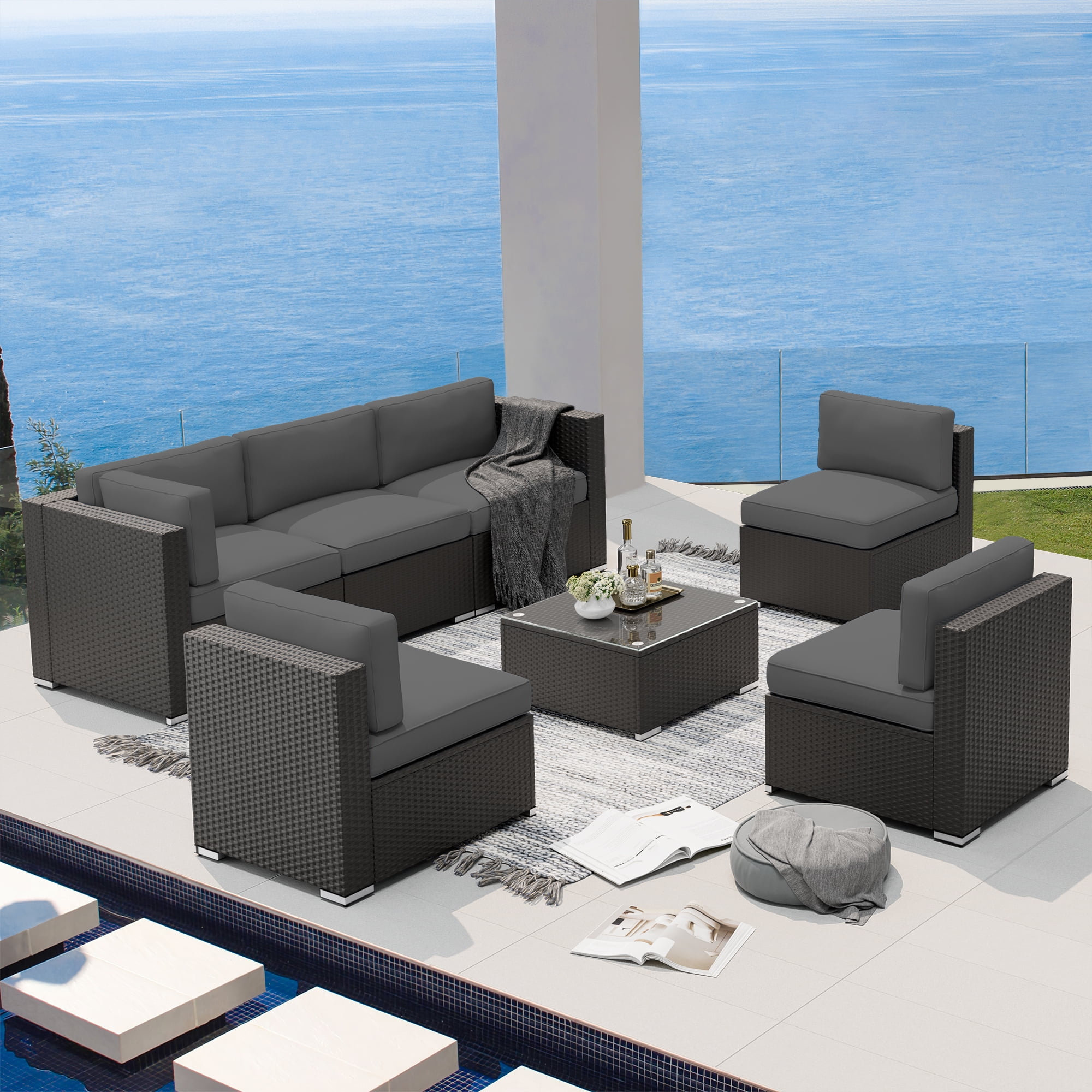 SUNCROWN 7-Piece Outdoor Patio Furniture Sofa Set All-Weather Black Wicker Sectional Conversation Set with Modern Glass Coffee Table and Cushions, Backyard, Garden, Deck, Dark Grey