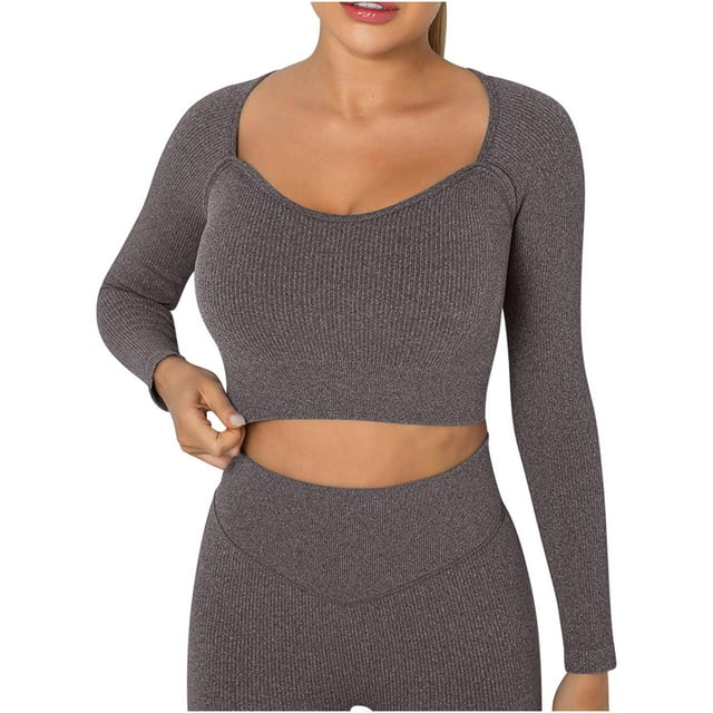 aidice Hauts Athlétiques pour Femmes, Entraînement, Encolure Dégagée, Manches Longues, Coupe Ajustée, Couleur Unie, Hauts Courts de Yoga