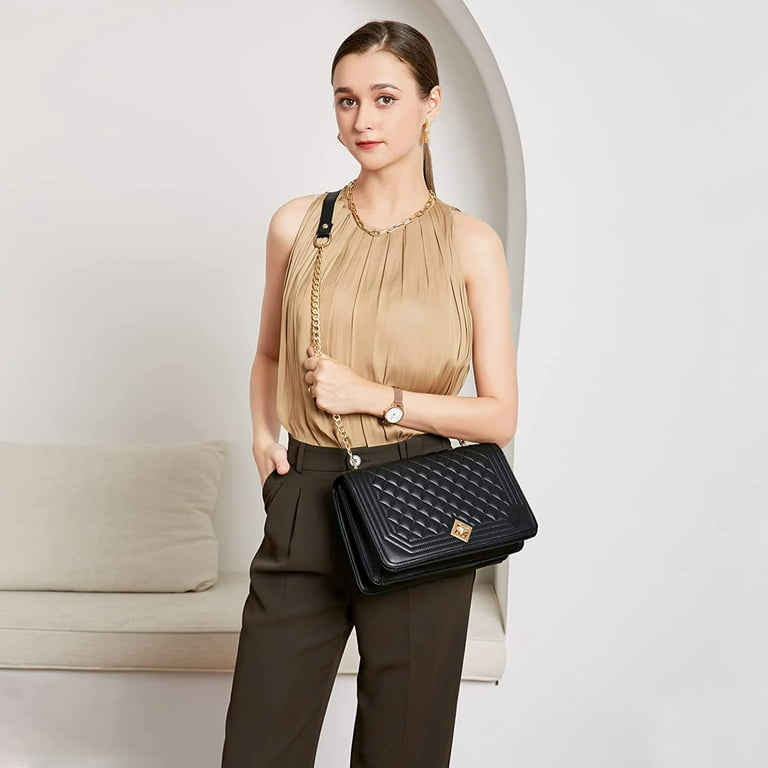 Chamair Chain Shoulder Bag Wide Strap Flap Crossbody Bag Bag Fashion for Work (Black), Women's, Size: One Size