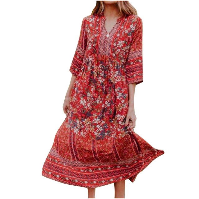 Vestido hasta el tobillo con estampado de media manga suelta con cuello en V bohemio a la moda para mujer Fridja yut2924