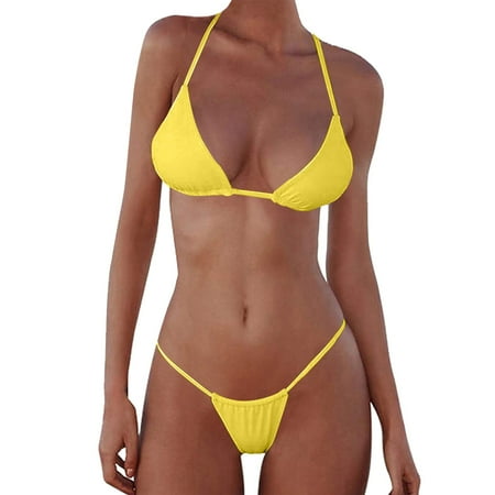 Gubotare Women Micro Bikini 2 Piece Swimsuit Mini Thong Set Bathing Suit Swimwear Yellow XL