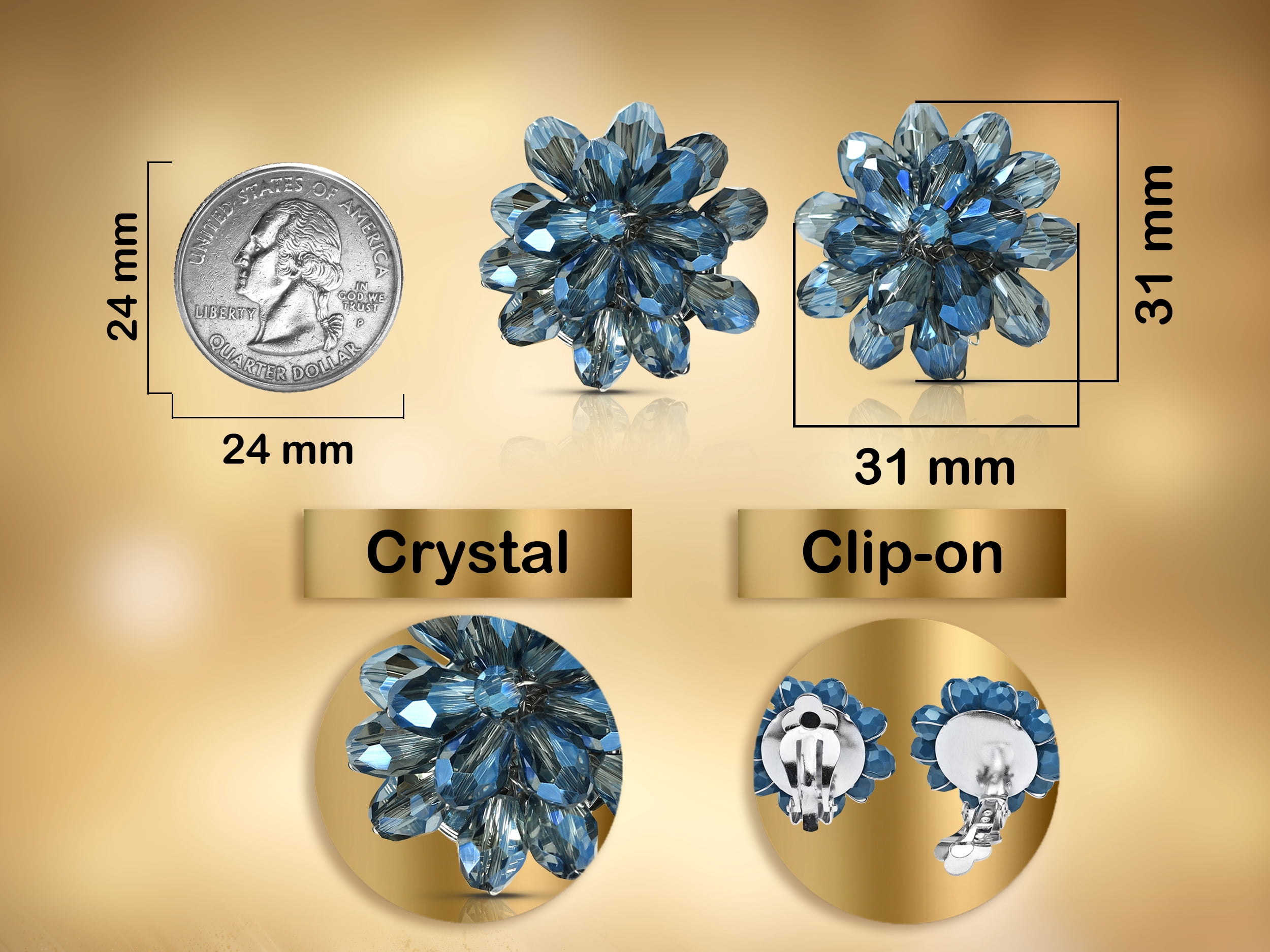 Dazzling Deep Blue Chrysanthemum Crystal Clip On Earrings