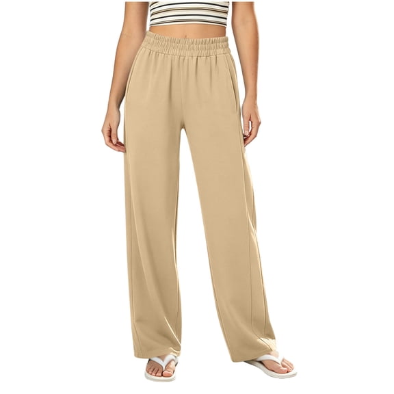 Htigea Womens Everyday Pants Elastic Waisted Straight Leg Pant Solid Color Boyfriend Long Pant with Pockets Khaki S