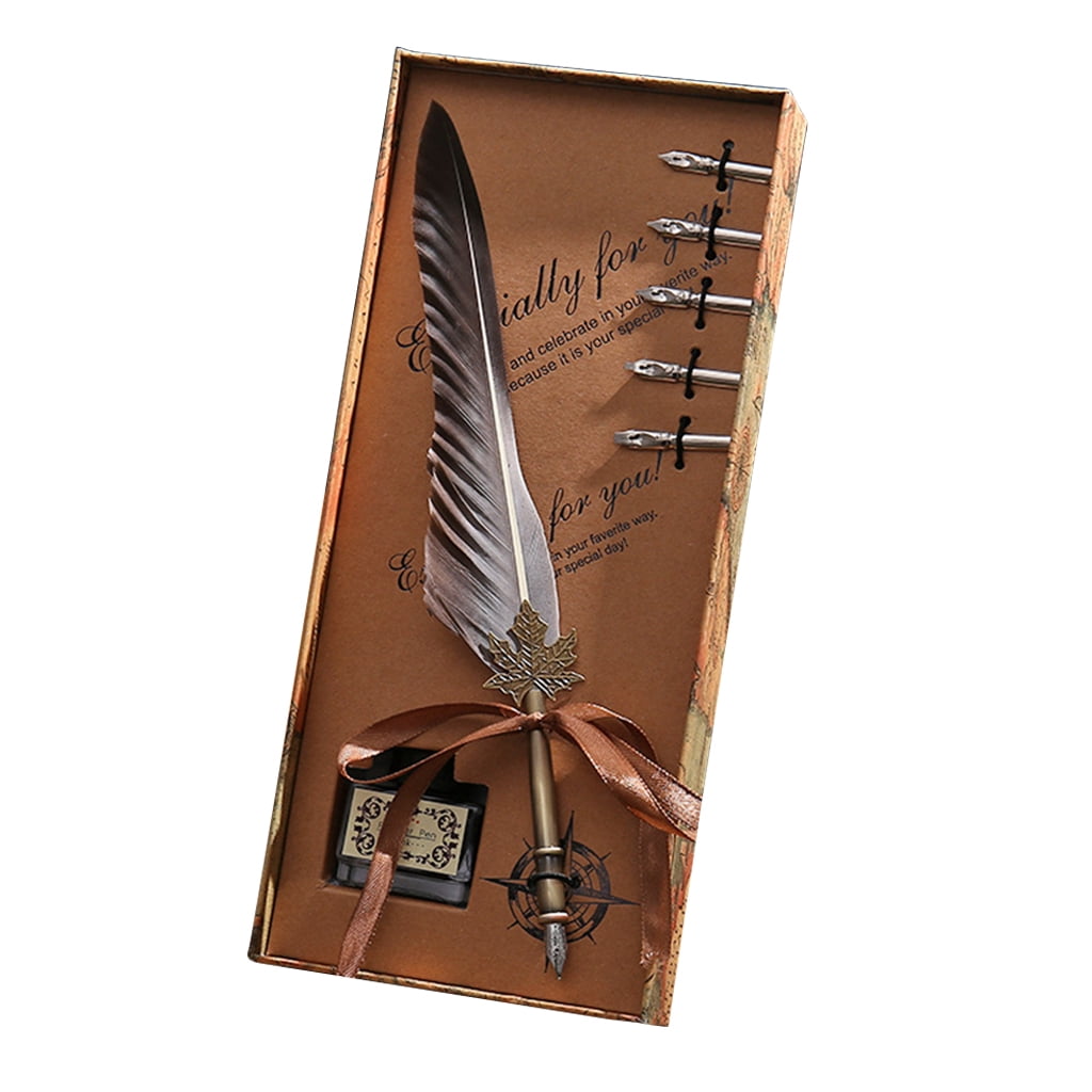 Vintage Feather Pen Set Writing Ink 6 Nibs Quill Retro Gift Decorative Box Red 