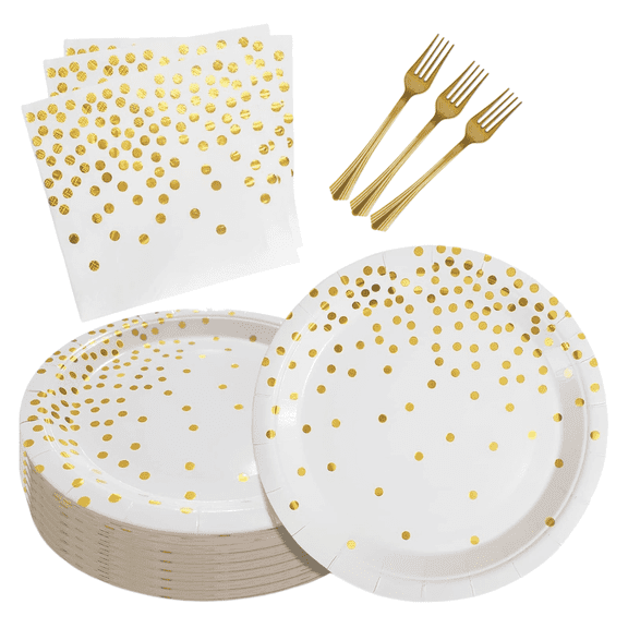 75PCS Gold Polka Dot Paper Plates Napkins Forks Set, 7" White Disposable dessert plates, Serves 25 for Wedding, Birthday, Graduation Party Supplies