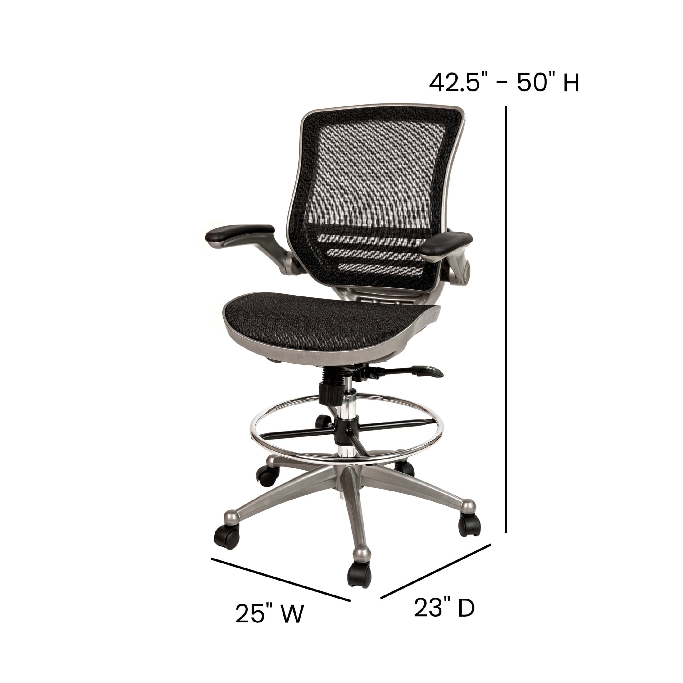 Flash Furniture Waylon Mid-Back Transparent Black Mesh Drafting Chair with Graphite Silver Frame and Flip-Up Arms