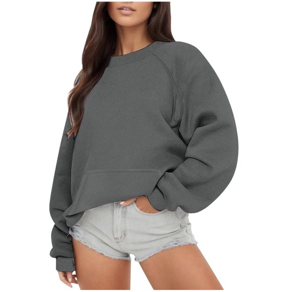 WRKEKC Classic Women's Solid Color Crewneck Sweatshirt, Oversized Long Sleeve French Terry Pullover for a Relaxed Everyday Essential Dark Gray L