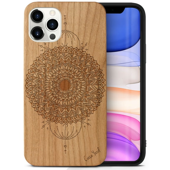 Case Yard Wooden Case Outside Soft TPU Silicone, Slim Fit Shockproof Wood Protective Phone Cover for Girls Boys Men and Women, Supports Wireless Charging Mini Mandala Design case for iPhone-12-Pro-Max