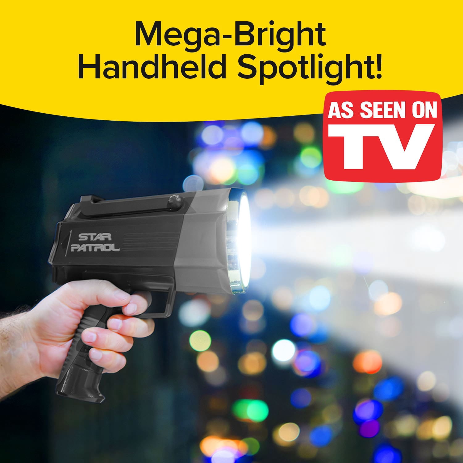 Star Patrol Platinum Mega-Bright Rechargeable Spotlight, AS SEEN ON TV, Tactical Flashlight, 10 Modes, Turbo Boost Up to 100%, Built-in Kickstand & Phone Charger, for Camping,Emergencies, 9 in, Black