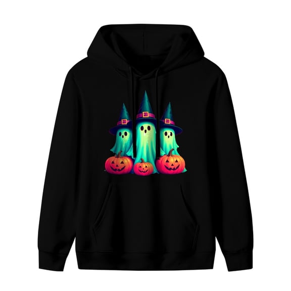 ZILE Halloween Ghosts Holding Jack-o'-lanterns Graphic Hoodie, Black